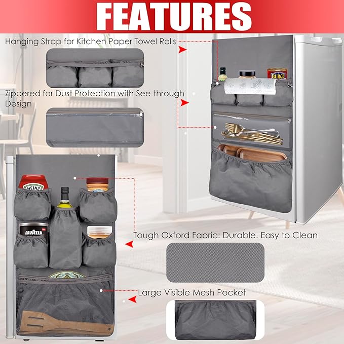 Mini Fridge Organizer Dorm Essentials - Over the Fridge Caddy Organizer, Dorm Room Storage, Mini Refrigerator Dust Cover Top with 12 Extra Large Fabric Pockets for Office Kitchen Home School, Grey