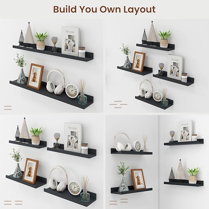 Axeman Picture Ledge Shelf | 24 Inch Black Floating Shelves Set of 4 | Rustic Wood Wall Shelves with Lip | 24" Black Picture Shelves for Wall with Ledge | Photo Shelves