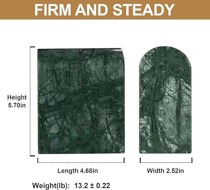 Koville Indian Natural Marble Bookends for Shelves, 13LBS Non-Slip Book Ends, Heavy Duty Marble Book Holders Organizer, Bookshelf Apartment Decor for Movies/CD/Video Games(Indian Green)