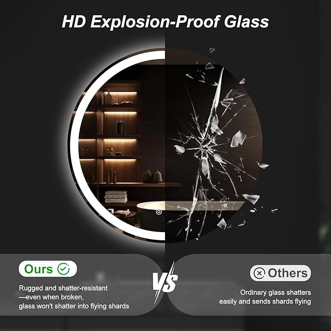 Sweetcrispy 36-Inch Round LED Bathroom Backlit Mirror with Lights, Circle Vanity Mirror with Anti-Fog, Dimmable, 3-Color Light, Memory Function, Tempered Glass