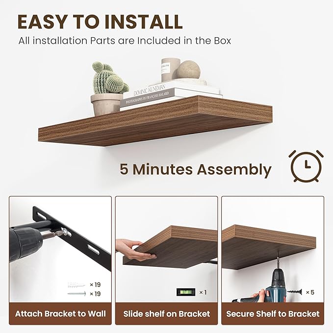 Acovy 24 Inch Floating Shelves, 12 Inch Deep Floating Shelves for Wall, Floating Shelf with Invisible Brackets, Deep Shelves for Bathroom, Bedroom, Living Room, 2 Pack, Walnut