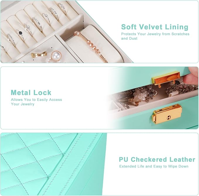 GUOER Jewelry Box for Women Girl Wife - Large PU Leather Jewelry Organizer Storage Case with Two Layers Display for Earrings Bracelets Rings Watches (Teal)