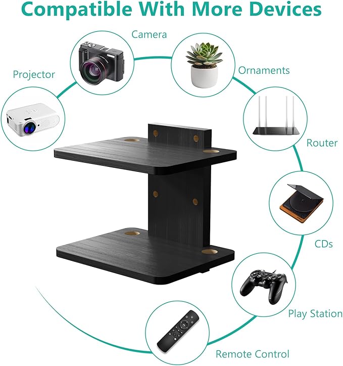 WALI Floating TV Shelf, 2 Tier Projector Shelf for DVD Players, Routers, Game Consoles, Cable Boxes, Living Room Decor Accessories, Wall Mount Shelves Holds Up to 22lbs (CS202NB), 2-Shelf, Black