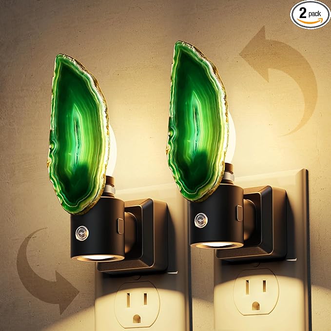 L LOHAS LED Night Lights Plug into Wall, Agate Nightlight Rotating 350°, Dimmable Dusk to Dawn Sensor, Healing Stone Green Agate Decorative Nightlight for Bedroom,Living Room[2 Pack]