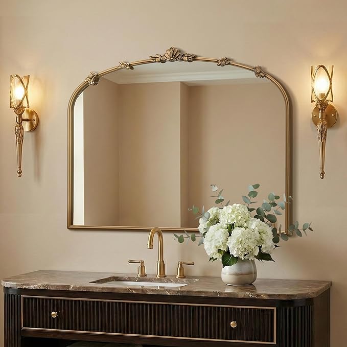 Besdomus Large Vintage Gold Mirror: 36"x29" Traditional Ornate Arched Mirror - French Baroque Antique Mirrors for Wall/Mantel/Bedroom/Entryway/Bathroom/Hallway - Home Decor for Fashion-Conscious