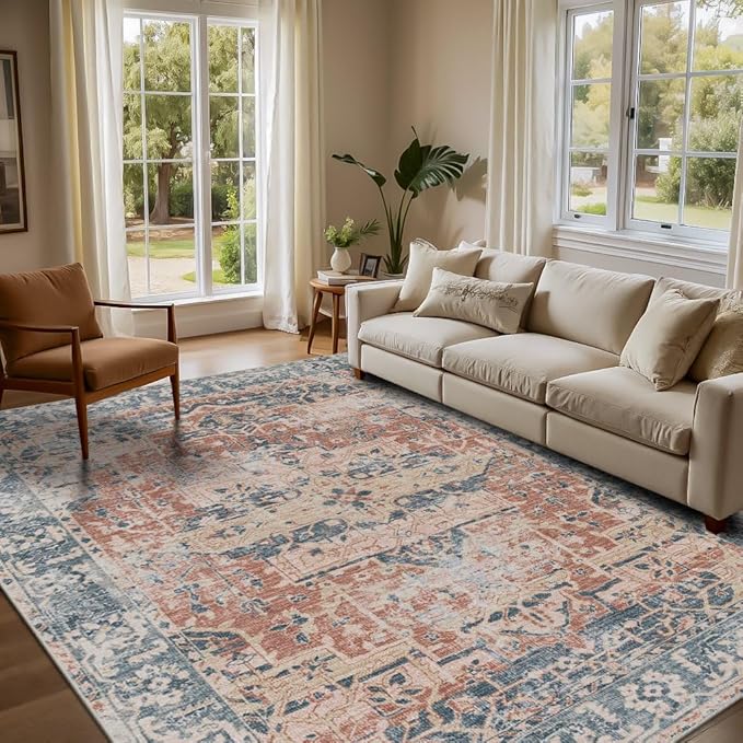Rugxara Orange 5x7 Area Rugs for Living Room Bedroom, Washable Rug, Coral Vintage Retro Boho Rug, Non Slip & Low Pile Carpet for Indoor Dining Room, Kids Room, Nursery Room(Coral Blue 5x7ft)