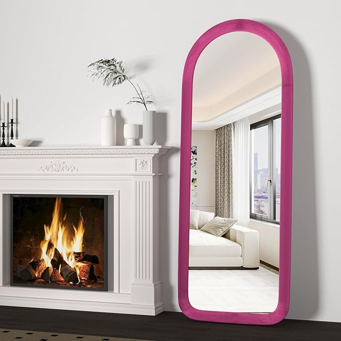 Full Length Mirror 56"x20" Arch Floor Mirror with Stand Arched Full Body Mirror Standing Hanging or Leaning Against Wall for Bedroom Flannel Wrapped Wooden Frame Pink