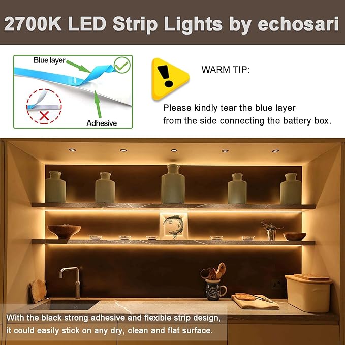 echosari Battery Powered Led Strip Lights with Remote Warm White, 8 Modes, Dimmable, Timer, Self-Adhesive, Cuttable, Waterproof, 9.8FT 90Led Strip Lights for TV Kitchen Cupboard Bedroom Decor