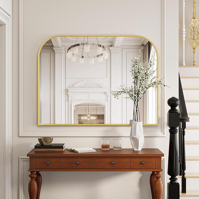 Gold Arched Top Wall Mounted Mirror - 38 x 30 Inch Round Cruved Top Bathroom Vanity Mirror, Aluminum Metal Framed, Home Decor for Living Room, Bedroom, Fireplace, Mantle, Entryway