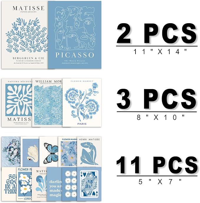 ANERZA 16 PCS Blue Wall Art Decor, Matisse Gallery Wall Prints for Bedroom, Light blue posters for Room Aesthetic, Collage Kit Pictures for Living Room, Teen Girls Dorm Home Artwork