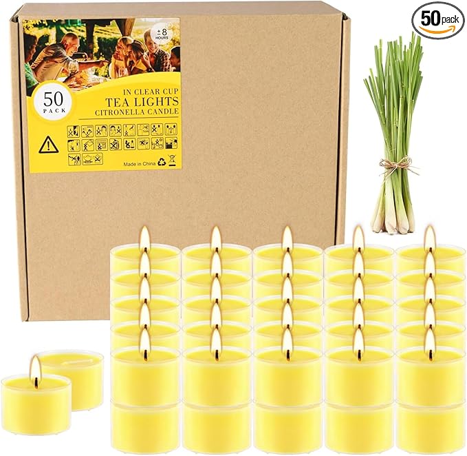 Fclayvts 8-Hour 50Pack Citronella Tealight Candles, Outdoor and Indoor Summer Scented Candle,Natural Soy Wax Candle for Home Patio Garden Yard Balcony,BBQ Birthday Emergency