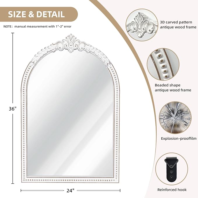 Farmhouse Baroque Wooden Wall Mirror - 36x24 Inches Antique White Arch Mirror, Ornate Beaded Decorative Mirror for Fireplace Mantel, Living Room