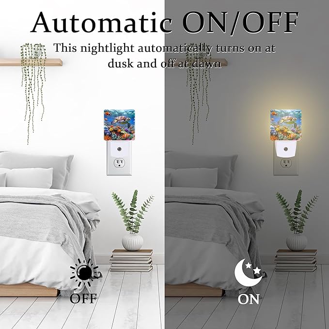 Giant Turtle in Coral Reefs Night Light, Underwater World Marine Fish Corals Dusk to Dawn Night Light Plug in, 0.5w Energy Saving Sleep Friendly NightLight for Kids Boys Girls Home Decor