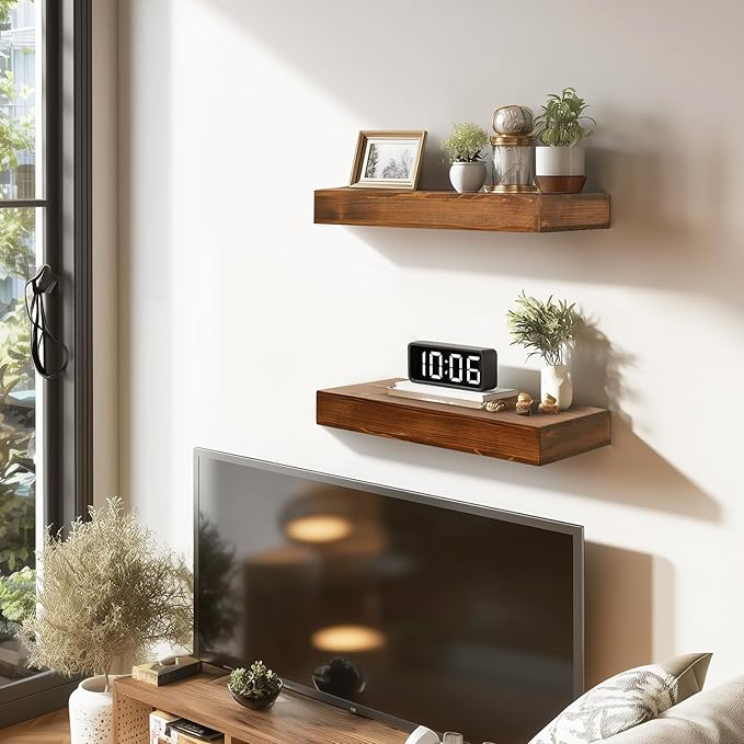 17x6.8x2 Inch Rustic Floating Shelves for Wall Set of 2 - Brown Solid Wood Wall Mounted Shelves with Invisible Bracket, Compact Design for Farmhouse Living Room Bedroom Kitchen Decor
