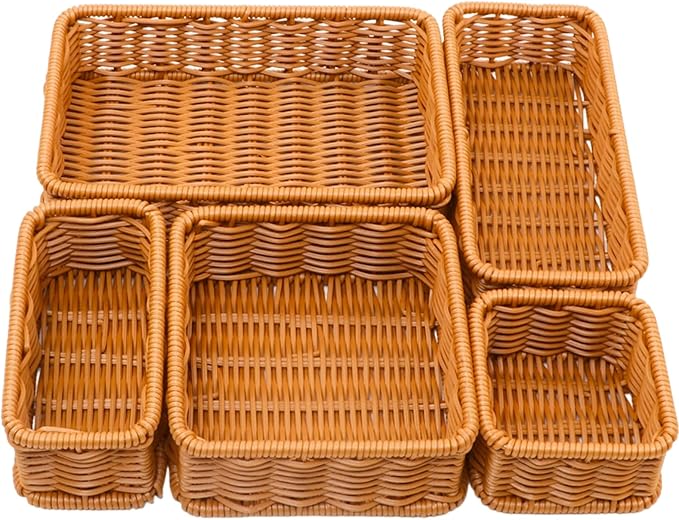 Drawer Organizers- Plastic Rattan Storage Trays for Bedroom, Bathroom, Kitchen, Office, Handwoven organizer, Waterproof and Easy Clean, 1 Set, Caramel Color