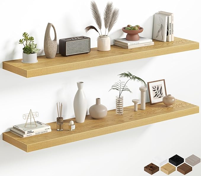 Oak Floating Shelves for Wall, 55 Inch Floating Shelves Set of 2, Wall Mounted Rustic Wood Shelf for Bathroom, Living Room, Bedroom and Kitchen, Hanging Shelf for Storage, Books, Home Decor
