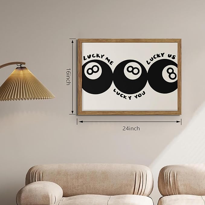 Trendy Black 8 Ball Wall Art, Funny Lucky You Y2k Canvas Wall Decor Painting, Funky Cool Billiards Posters Prints Pictures for Living Room Bedroom Apartment Dorm Room Decor 16x24 Inch Wood Framed