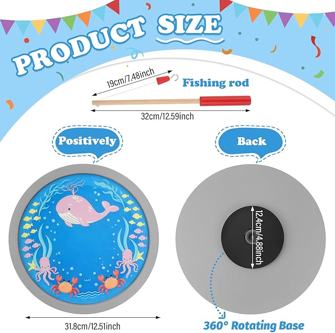 360° Round Turntable for Tonies Figures Storage, Fun Fishing Game with Magnetic Hook to “Catch” for Tonies Characters, Ocean Theme Wooden Organizer Storage Shelf Display for Toniebox 1/2