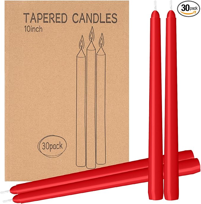 LYOBATH 30 Pack Red Taper Candles - Taper Candles 10 Inch Dripless, Smokeless & Unscented - 8 Hours Long Burning - Hand Poured Tall Candlesticks - Ideal for Weddings, Dinner Parties, and Home Decor