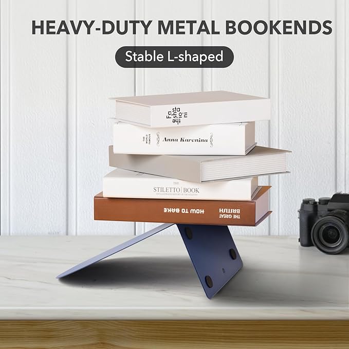 Metal Book Ends for Shelves - 8Pcs Bookends for Heavy Books Non-Skid Decorative Book Stopper to Hold Books/CDs for Home Office School and Desktop Organizer, Dark Blue