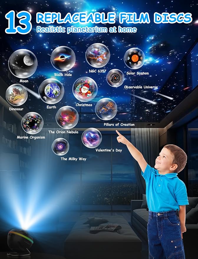 Galaxy Projector - 13 in 1 Star Projector Planetarium Dynamic Meteor & RGBCW Dynamic Effects with Timer&180° Adjustable Bracket, 13 HD Image Film Discs Star Night Light Projector for Bedroom/Christmas