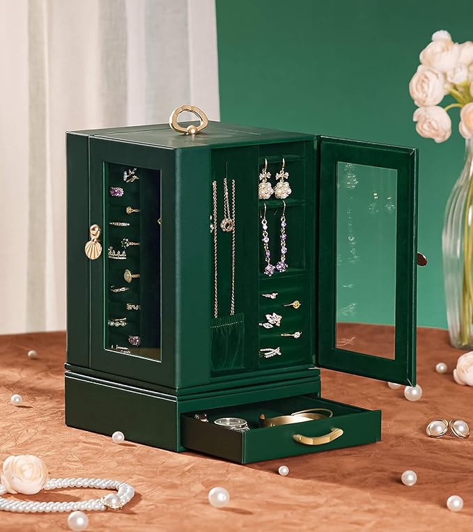 Enthralite Jewelry Box Large for Dresser: Women Necklace Ring Storage Organizer with Compartments - Elegant Earring Holder Display - 360° Rotating Jewelry Organizer with Glass Door