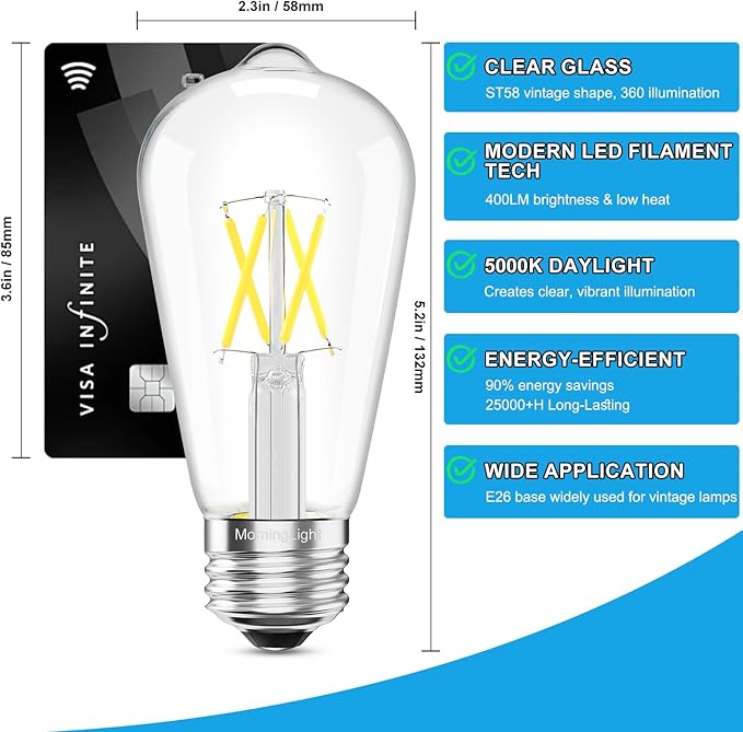 MorningLight 6 Pack Vintage LED Edison Bulbs, Dimmable E26 LED Edison Bulbs 40Watt Daylight 5000K, ST58 Antique Decorative Filament Bulb 4W for Farmhouse Pendant, Porch Lights, Home Decor, 400LM