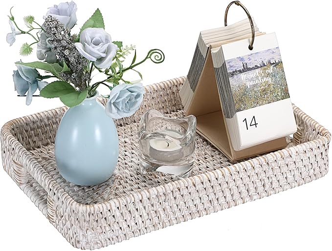Hipiwe Hand Woven Tray with Handle Whitewash Rattan Serving Tray for Storage Rectangular Wicker Basket Tray for Key Remote Fruit Dessert Plate, 11.8 x 7.9 x2 Inch