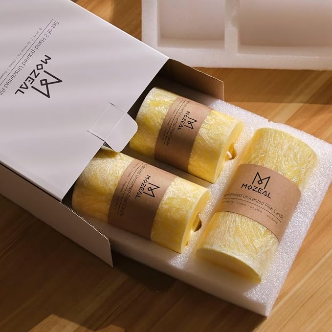 MOZEAL Hand-Poured, Unscented Yellow Crystal Pillar Decorative Candles, Elegant Set of 3 in Different Sizes (3"x4", 3"x5", 3"x6"), Luxurious Décor for Spring Homes & Events