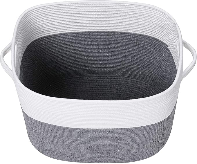 22”x14”x18” Rectangular Extra Large Storage Basket with Lid, Cotton Rope Storage Baskets, Laundry Hamper, Cloth Bin, for Clothes Blankets Storage in Living Room, Grey Basket with Lid
