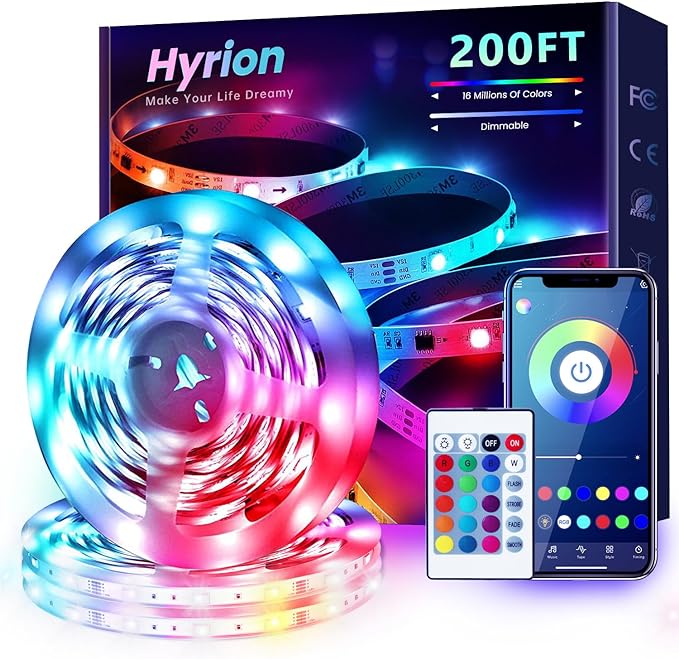 hyrion LED Strip Lights 200ft, Music Sync LED Lights Strip for Bedroom, RGB Color Changing Bluetooth LED Lights with Remote,Smart APP Control