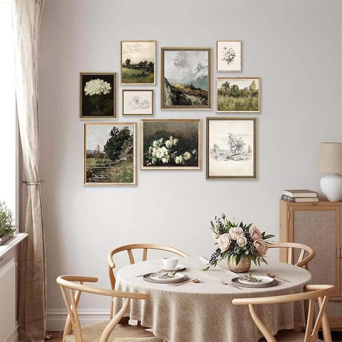 Vintage Wall Art French Country Wall Decor, Vintage Posters for Room Aesthetic Picture, Dark Green Antique European Landscape Flower Meadow Gallery Canvas Art Prints Painting for Bedroom Living Room,