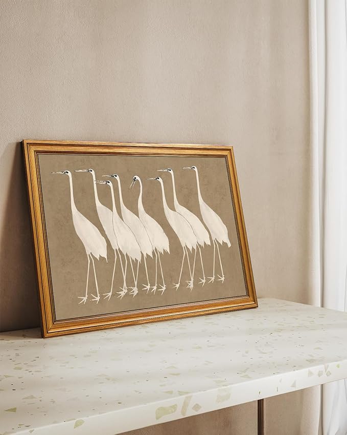 InSimSea Gold Framed Canvas Prints Wall Art, Vintage Bathroom Decor, Classical Cranes Animals Paintings Farmhouse Large Wall Decor Aesthetic, Retro Pictures for Bedroom Living Room, 16x24inch