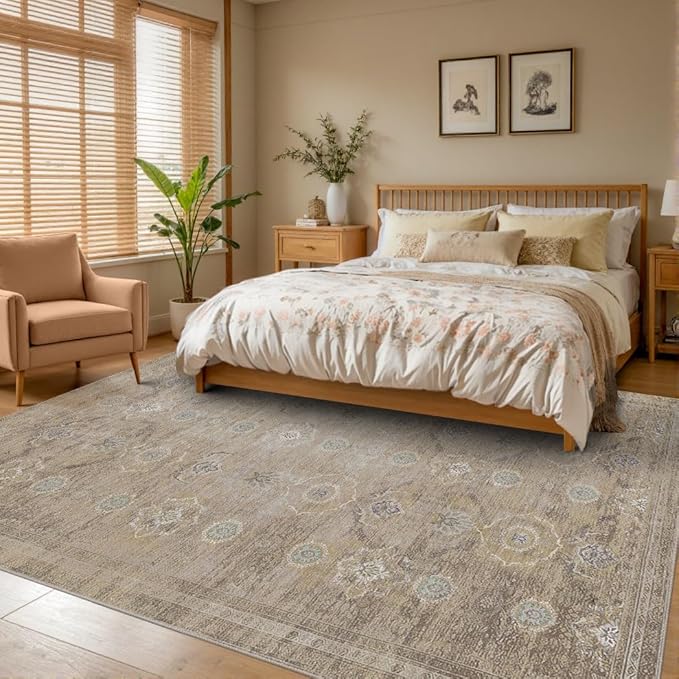 Rugxara 8x10 Area Rugs for Living Room, Large Washable Rug, Beige Vintage Retro Boho Style, Non Slip & Low Pile Faux Wool Carpet for Indoor Dining Room, Bedroom, Dorm, Classroom and Kids Room