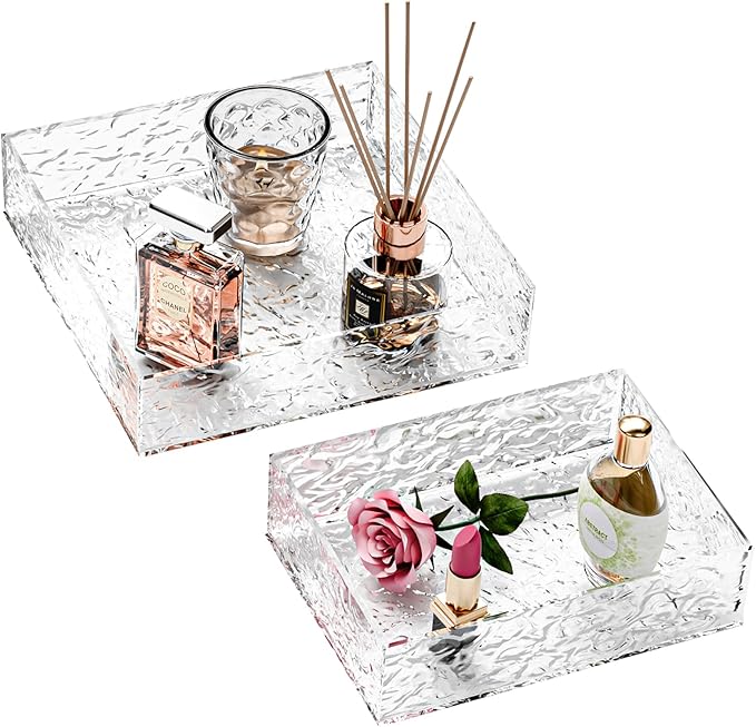 2 Pack Acrylic Perfume Tray, Clear Acrylic Organizer Tray for Bathroom Vanity Skincare Makeup Organized, Countertop Water Ripple Effect Acrylic Decorative Tray for Home Decor 7” x 5”and 8” x 8”