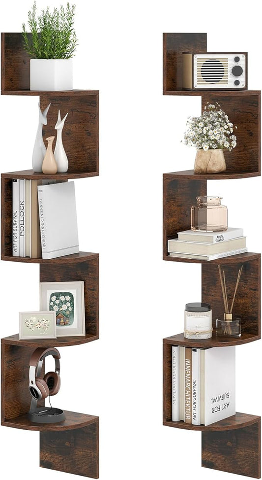 Giantex Corner Shelf Wall Mounted Set of 2, 5-Tier Floating Corner Bookshelf, Home Storage Organizer, Wooden Display Stand Rack for Wall, Plant Shelf for Living Room, Bedroom, Kitchen, Rustic Brown
