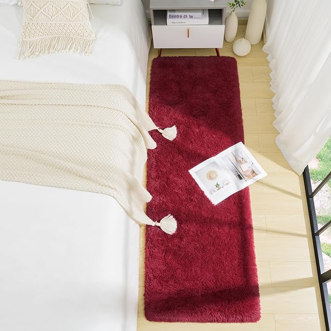 BENRON Soft Runner Rugs for Bedroom 2x6, Washable Long Runners for Hallway Entryway Kitchen Dorm, Fluffy Throw Rug for Kids Girls Room Decor Photo Prop, Wine Red