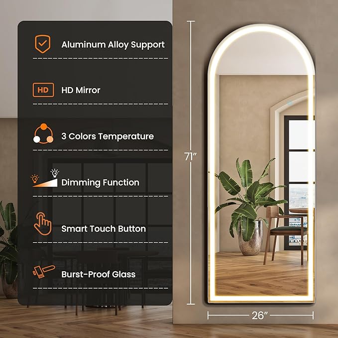 Sweetcrispy Arched Full Length Mirror with LED Lights, 71.3" x26.5 Lighted Floor Mirror with Dimming & 3 Color Lighting, Stand for Bedroom, Dressing Room