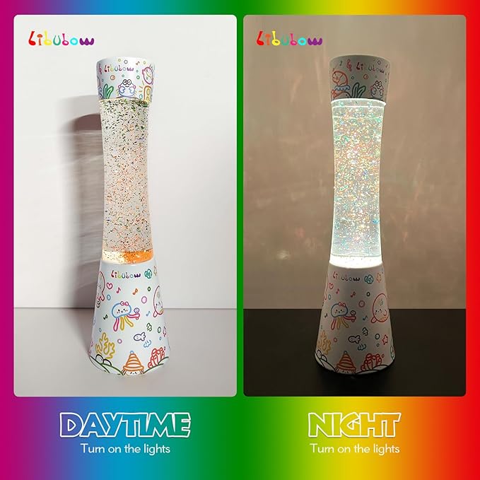 15.5 Inch Beautiful Music Party Rainbow Glitter Lamp, 2pcs Bulbs, Starry Night Light, Birthday Present for Girls, Kids, Adults and Teens, Mood Lighting, Home and Room Decor, Calming Rainbow Lamp