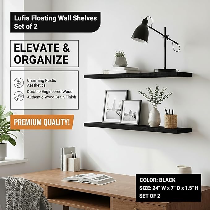 Lufia Floating Wall Shelves, Set of 2, MDF with Invisible Brackets, Modern Storage for Bedroom, Bathroom, Living Room, Kitchen (Black, 24" W x 7" D x 1.5" H)