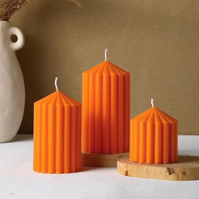 Conelist Set of 3 Orange Ribbed Pillar Candles Soy Wax Scented Ribbed Candles Includes 2.8, 4.2 and 5.1 Inches Heights Decorative Romantic Wedding Decoration for Couple Home Birthday Gift