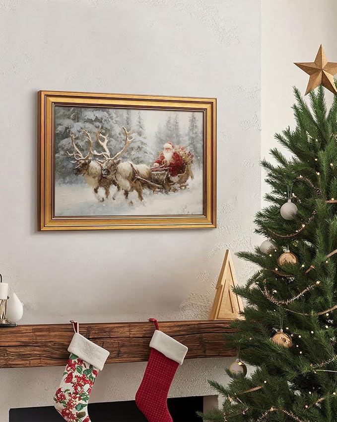 Bzstyleart Vintage Wall Art Decor Framed Christmas Festival Wall Art for Bedroom, Santa Claus and Reindeer Christmas Decoration for Home, 12x16 Inch Reindeer Picture