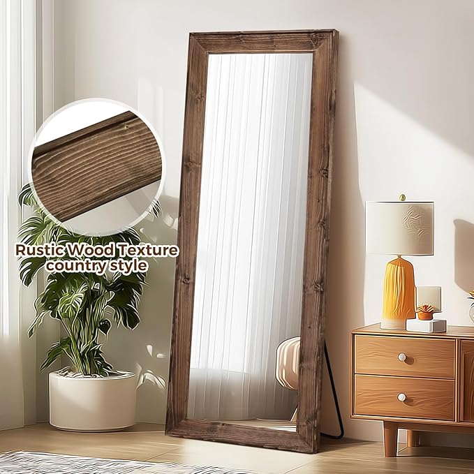 Full Length Mirror 65"x24" - Beveled Edge Rustic Brown Dressing Mirror, Solid Wood Frame, Wall Mounted or Standing for Bedroom, Entryway, Living Room