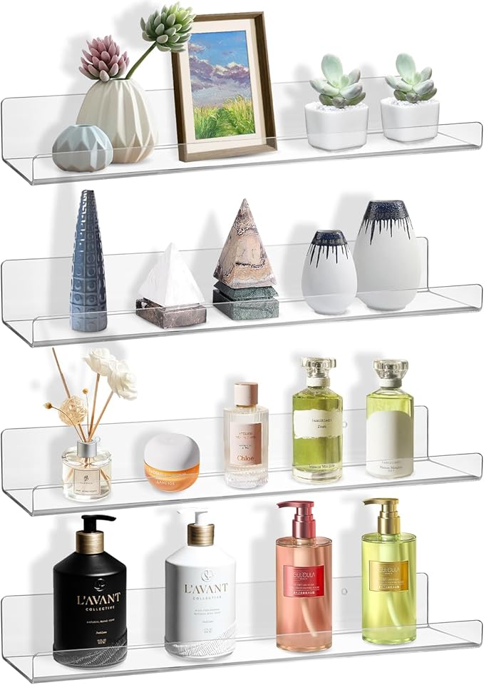 AMEITECH 4 Pack Floating Shelves for Wall, 15" Acrylic Shelves for Room Decor, Book Shelf for Kids, Clear Hanging Display Shelf Organizer for Kitchen, Bedroom, Bathroon Organizers and Storage