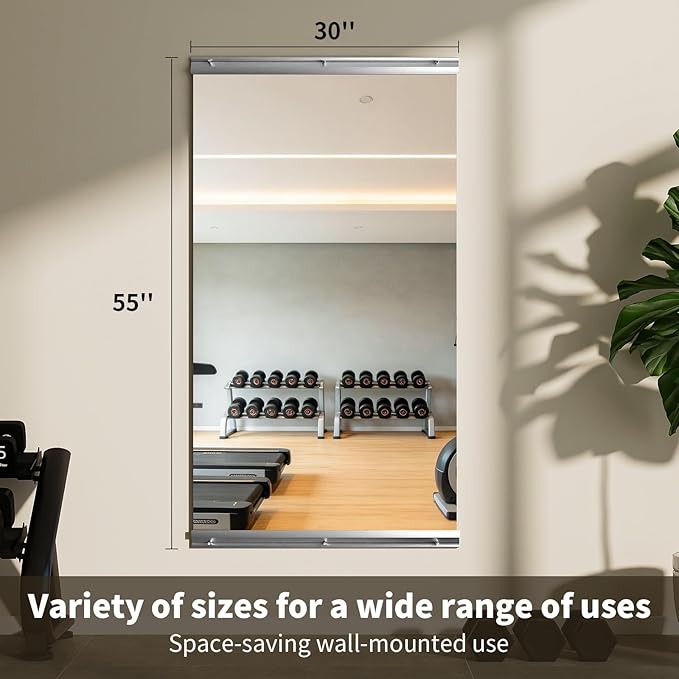 VooBang Home Gym Mirror - 1 PCS 30×55 inches, Large Frameless Wall Mounted Full Length Body Mirror for Dancing Studio, Exercise, Fineness, Yoga, Tempered Glass