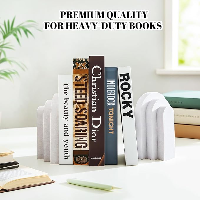 Book Ends, Bookend, Decorative Book Stopper for Shelves, Heavy Bookends for Shelves, Book Stopper for Heavy Books, Organizer for Home Office School, Aesthetic Pleasing Layered Arch Design (White)