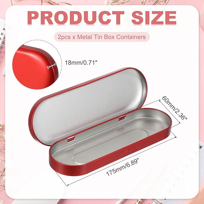 uxcell 2pcs Metal Hinged Tins Box, 6.9x2.4x0.7 Inch Rectangular Empty Tin Box Portable Pencil Containers for Pen Makeup Brushes Home Organizers, Red