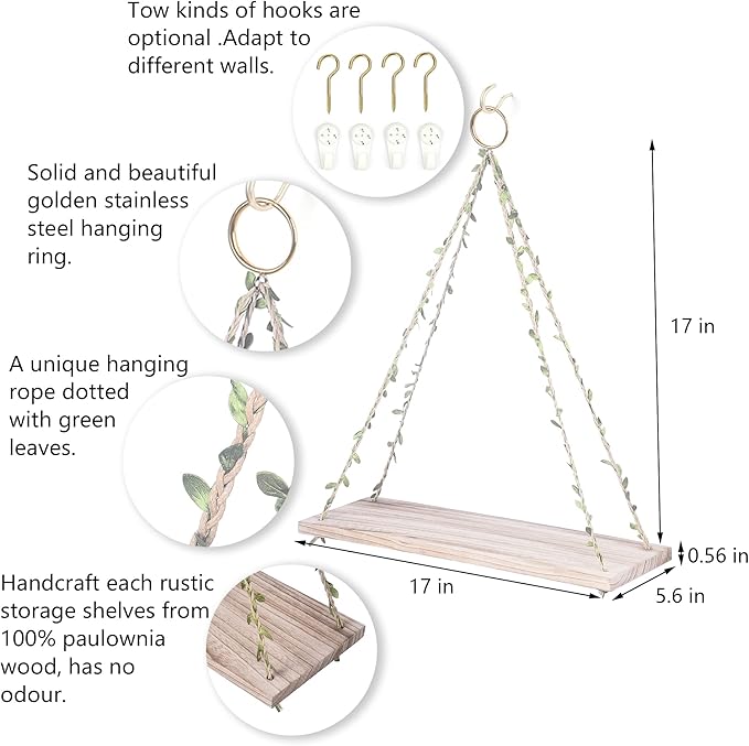 MITIME Hanging Shelves for Indoor Wall and Window - Floating Wall Shelves for Plant Display, Boho Style Home Decor.(Leaf Rope, Light Color,Large*2)