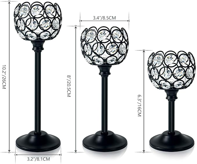 Set of 3 Balck Crystal Metal Tealight Candlestick, Bling Bowl Candelabras, Tall Votive Candle Holders Elegant Candle Centerpiece for Dining Table Wedding Decor