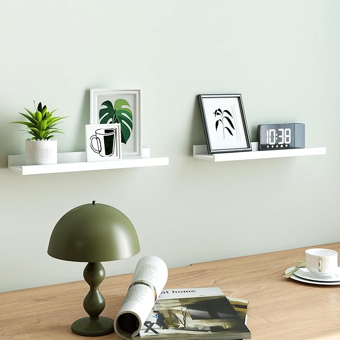 White Floating Shelves for Wall Decor, Wall Mounted Wood Storage Shelf for Bedroom, Living Room, Bathroom, Kitchen, Nursery, Display Picture Ledge Shelf with Lip Set of 2-16 Inches, White